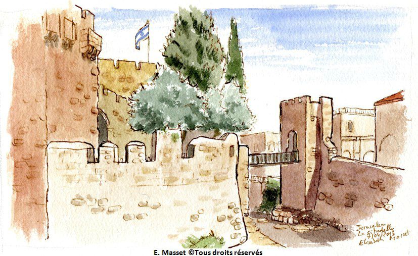 JérusalemLa citadelle, près de la porte de Jaffa. Encre et aquarelle. Avril 2013